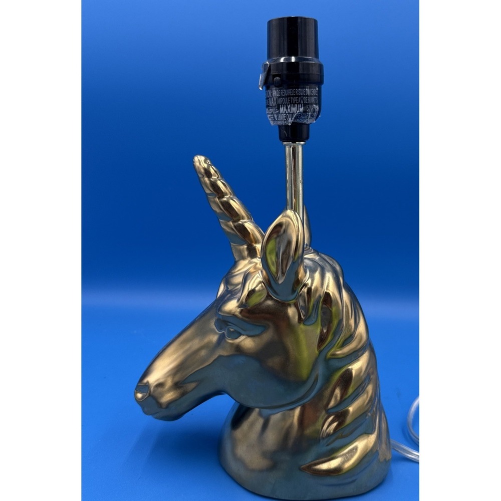 Gold Tone Ceramic Unicorn Table Desk Lamp  12" Tall No Shade